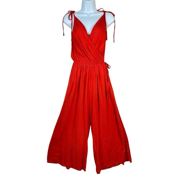 Red Wide Leg Palazzo Jumpsuit M Cotton V Neck Lightweight Summer Travel Resort - Picture 2 of 15